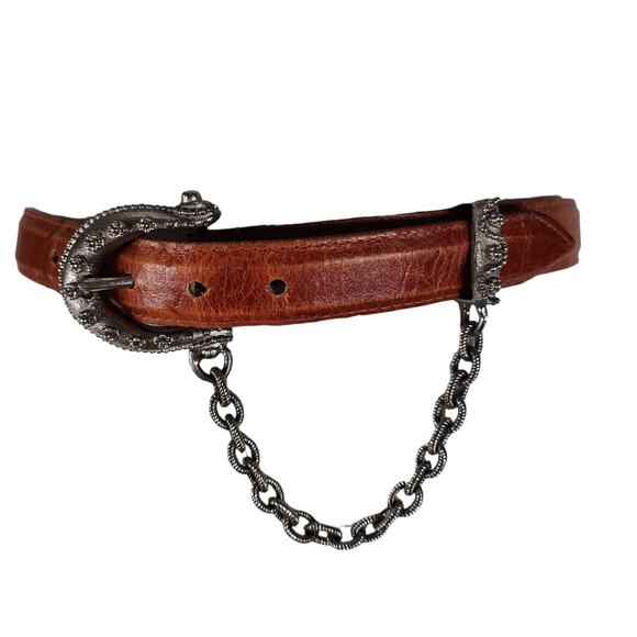 Vintage RJ Graziano Brown Leather Belt Silver Filigree Buckle Swag Chain L main image 9